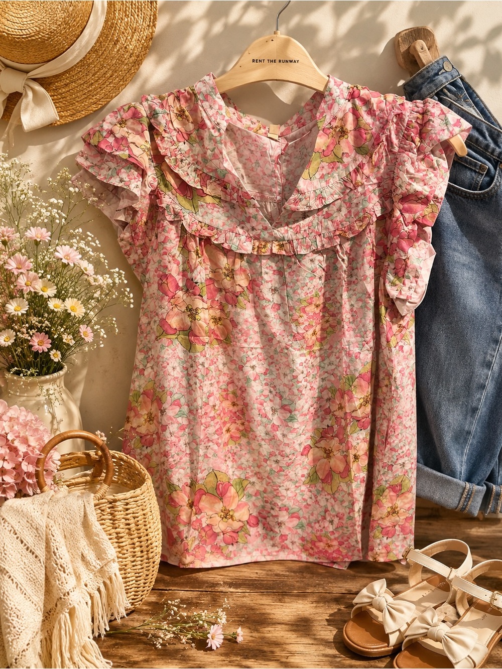 NWT entro Pink Floral Ruffle Sleeve Blouse Sz S M L